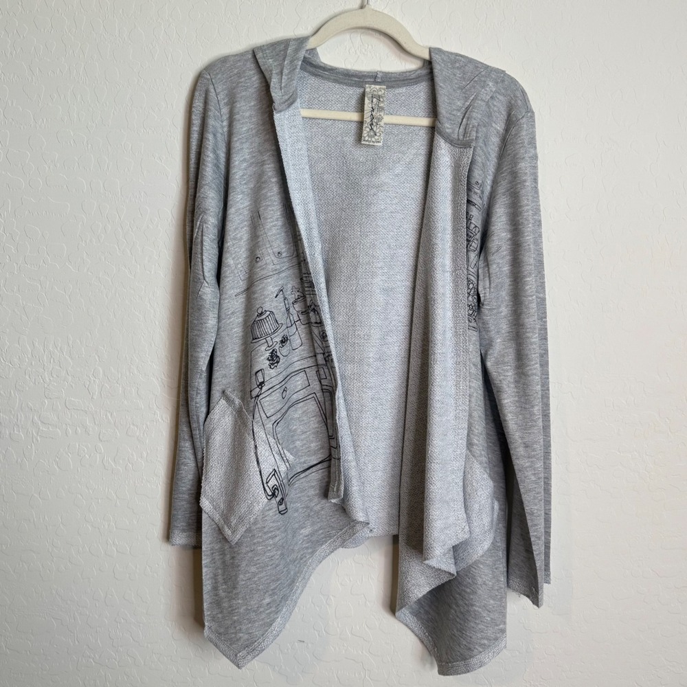 Inoah Womens XL Gray Hooded Open Front Cardigan Kitchen Graphic Artsy Boho